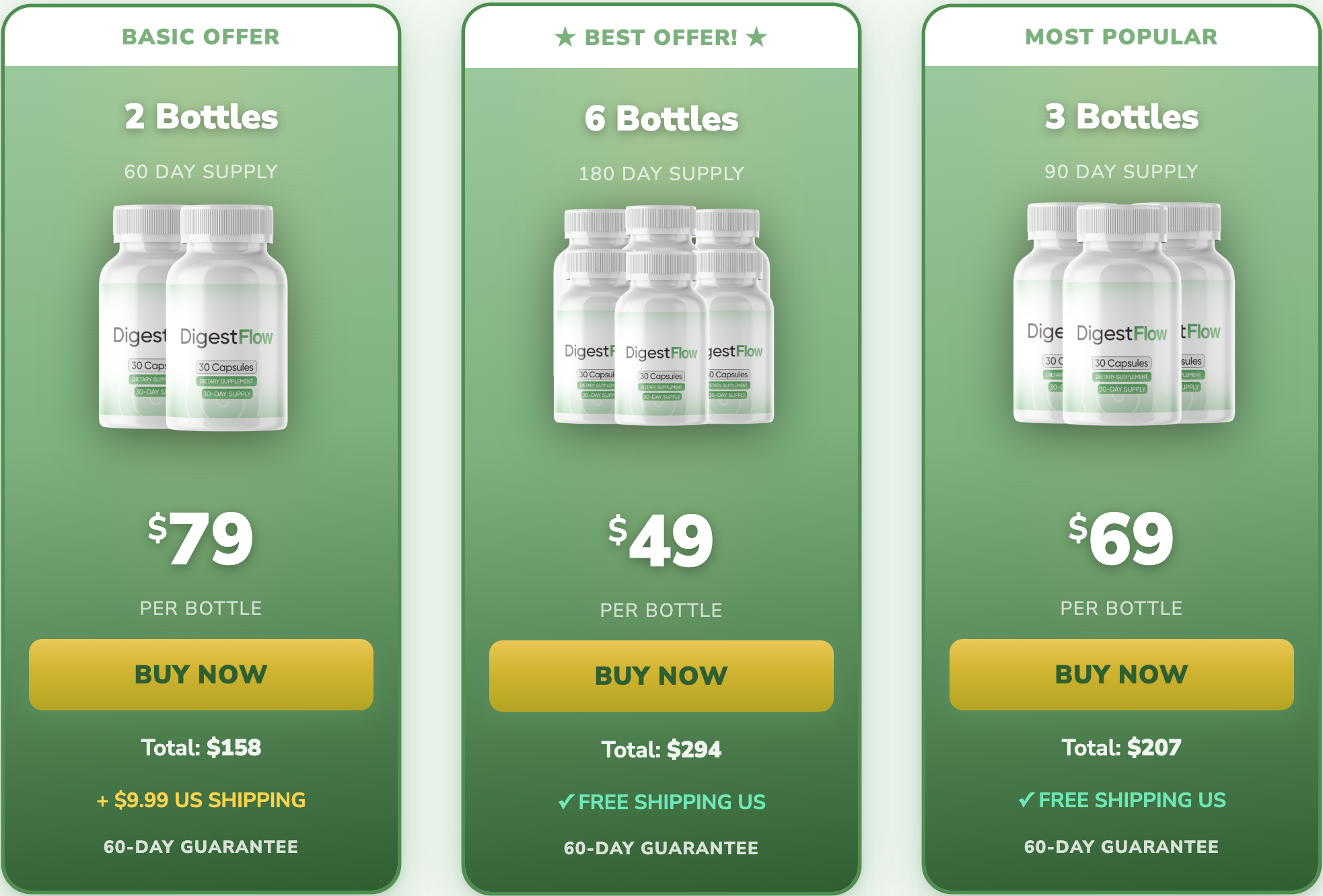DigestFlow offer artwork showing two, six and three bottle options