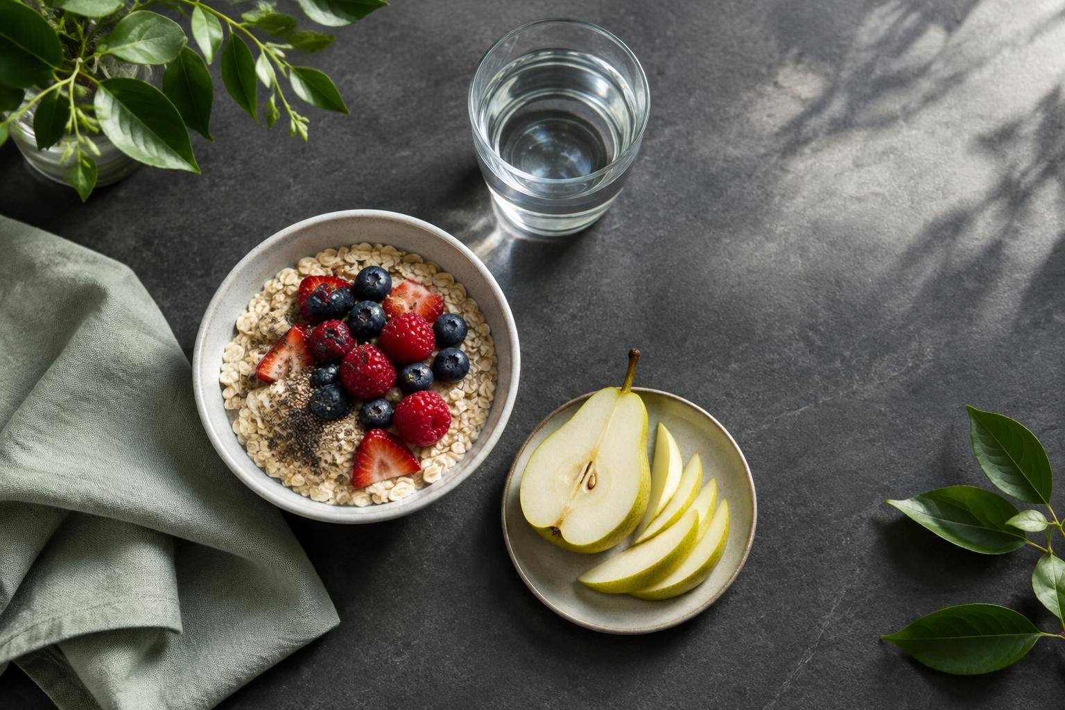 Oats, berries, pear and water arranged for a balanced morning routine